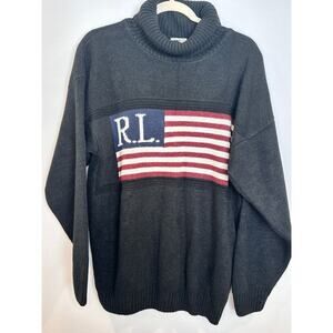 VTG Polo Ralph Lauren Navy Blue Knit Flag Sweater Men’s L Thick 100% Cotton